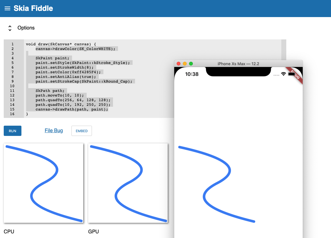 Il codice scritto per Skia viene mostrato nello stesso modo all'interno di app Flutter